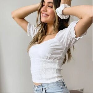 Abercrombie & Fitch White Smocked Puff Sleeve Top
